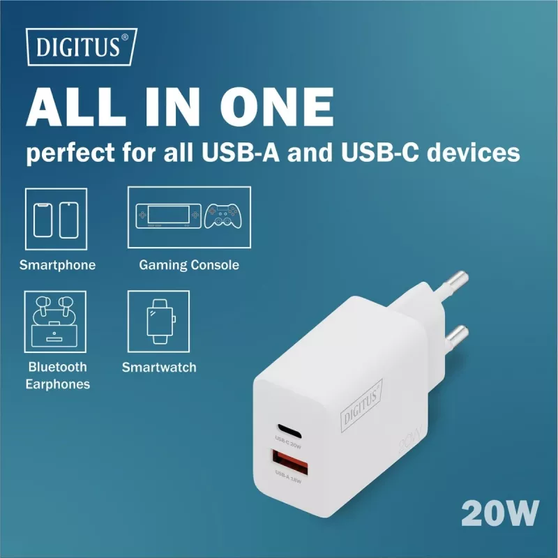 AC USB-laturi DIGITUS 20W, 1x USB-C, 1x USB-A, tulo 100–240V, valkoinen