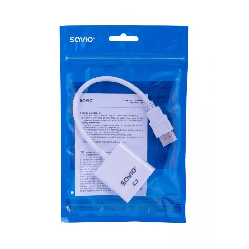 Savio CL-27B videokaapeliadapteri 0,1 m HDMI tyyppi A (standardi) VGA (D-Sub) valkoinen