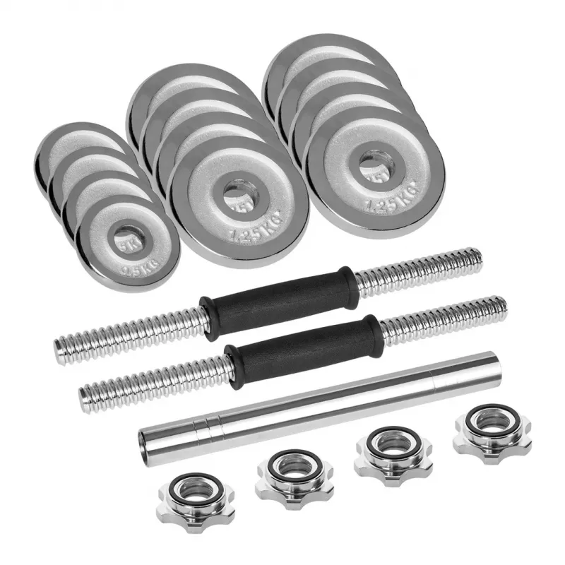 REBEL ACTIVE Chrome säädettävät käsipainot laukussa 15 kg levytangolla