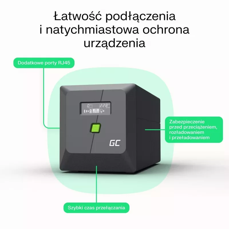USV Line-Interactive 2 kVA 1200 W, Green Cell, 4 vaihtovirtalähtöä, USB, 12 V 9 Ah VRLA (torni)
