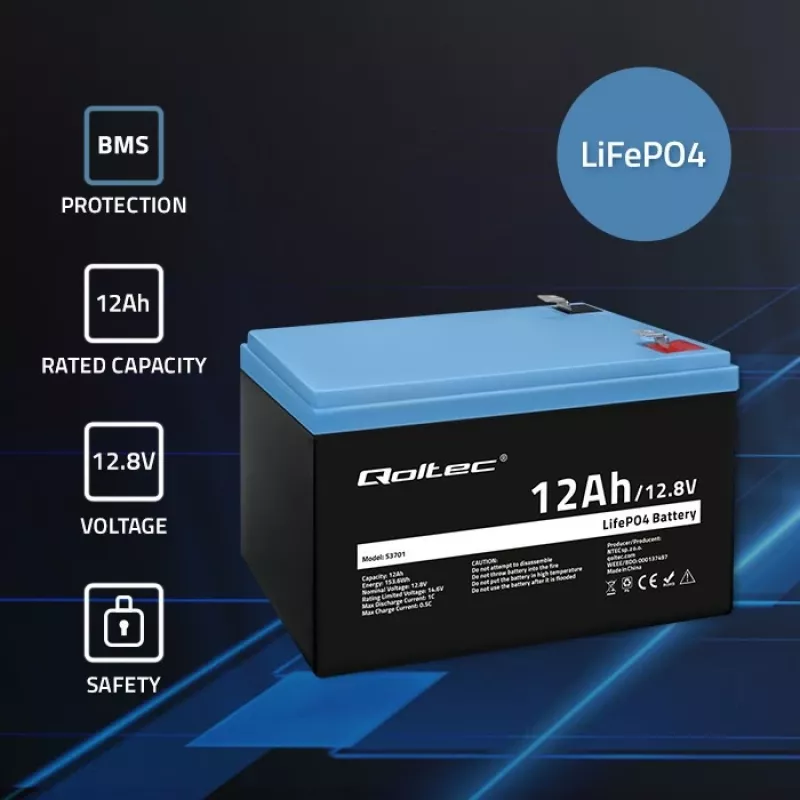 Qoltec LiFePO4 litiumrautfosfaattiakku 12,8 V 12 Ah 153,6 Wh BMS:llä