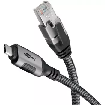 Ethernet-kaapeli USB-C 3.2 Gen2 uros > RJ-45 uros, LAN-sovitin musta/hopea, 2 metriä, punottu tekstiilivaippa