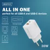 AC sisäkäyttöön USB GaN -laturi DIGITUS DA-10301 — 30W, 1× USB-C, 1× USB-A, 100–240V, valkoinen