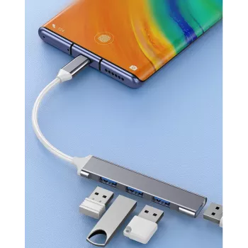 USB-keskitin VAKOSS TC-4125X — 1× USB 3.0 Type-A, 3× USB 2.0 Type-A, isäntä: USB Type-C, hopea