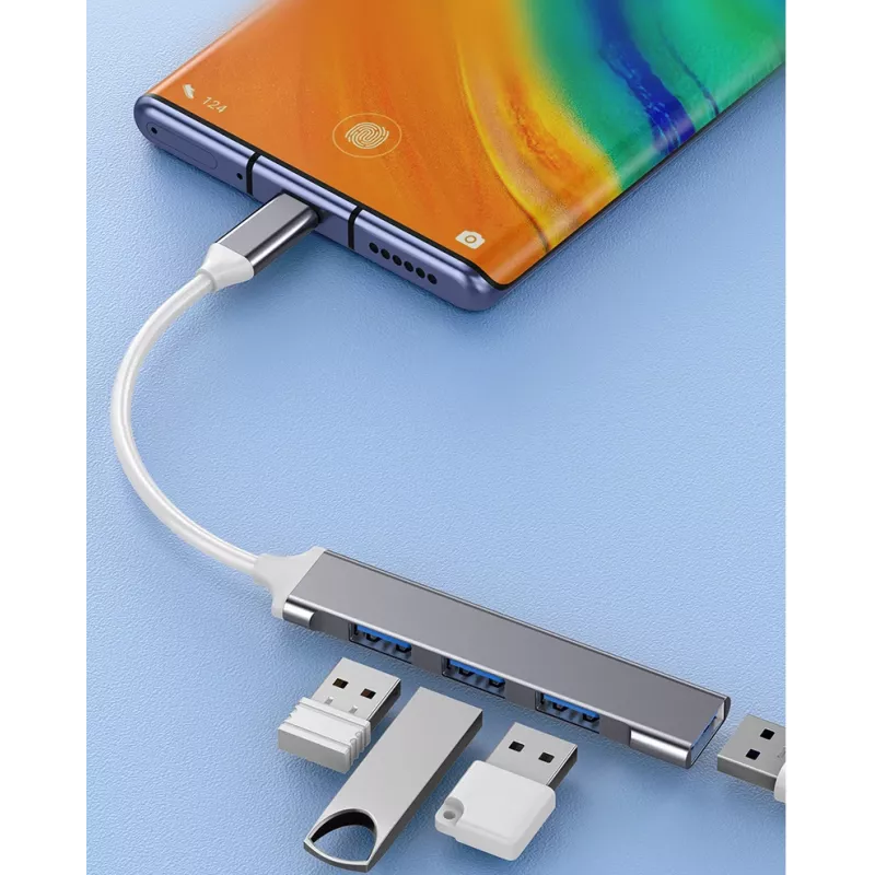 USB-keskitin VAKOSS TC-4125X — 1× USB 3.0 Type-A, 3× USB 2.0 Type-A, isäntä: USB Type-C, hopea