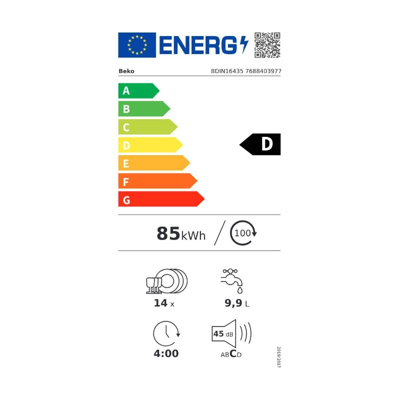 BEKO kalusteisiin asennettava astianpesukone BDIN16435, energialuokka D, SelfDry, LED-valo