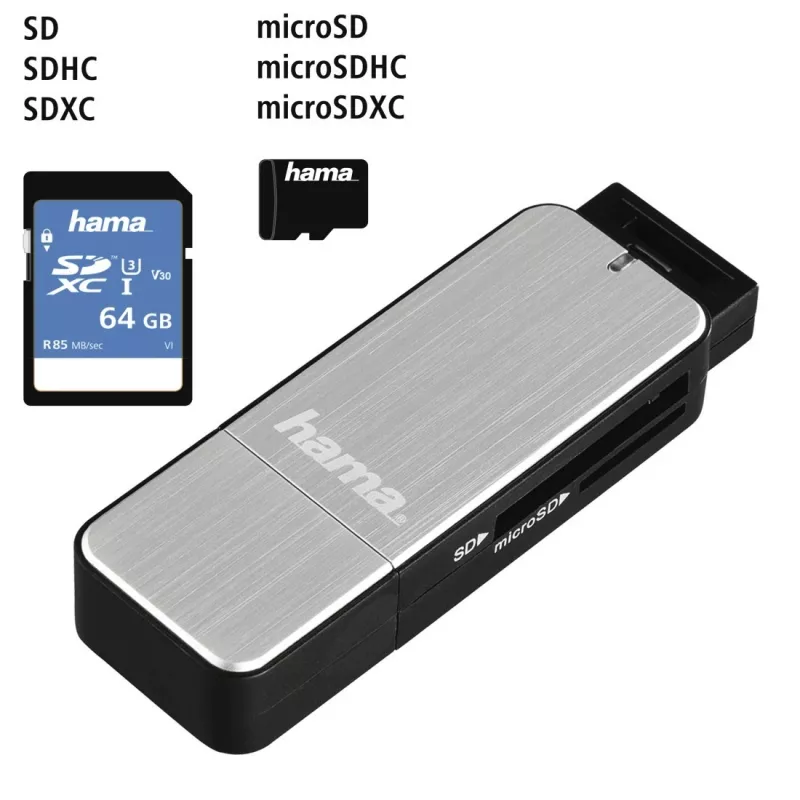 Hama 123900 USB 3.0 -muistikortinlukija SD/microSD, alumiini, musta/hopea