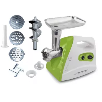 Lihamylly ESPERANZA EKM012G — 600 W, ruostumattomasta teräksestä valmistettu terä, makkaransuutin, kebbe-lisäosa, taaksepäinpyöritys, liukumattomat jalat, valkoinen/vihreä