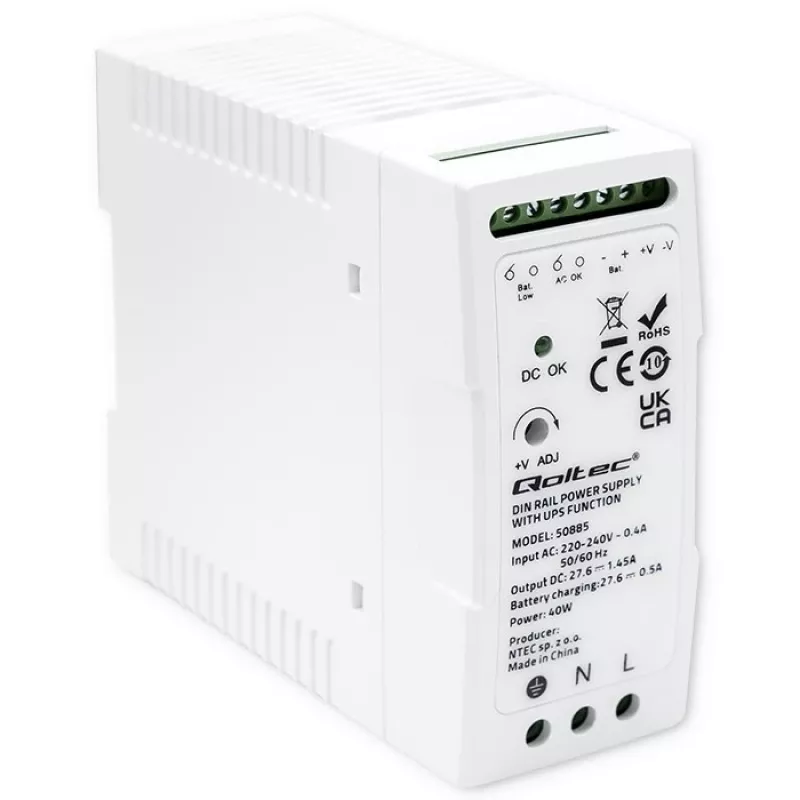 Qoltec 50885 tukeva DIN-kiskovirtalähde UPS-toiminnolla | 40W