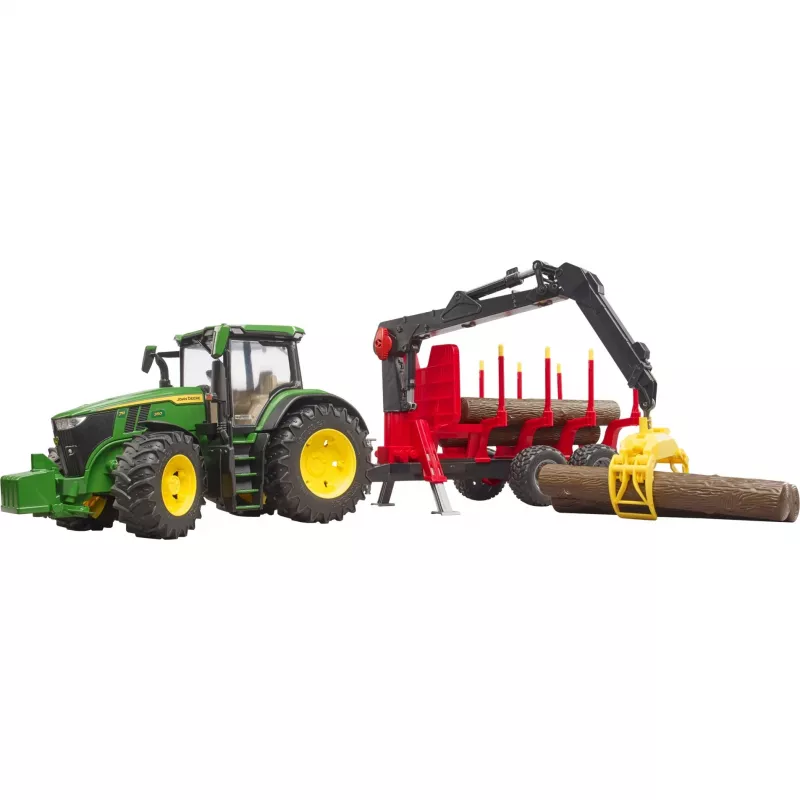 BRUDER John Deere 7R 350 metsäperävaunulla ja 4 puunrungolla