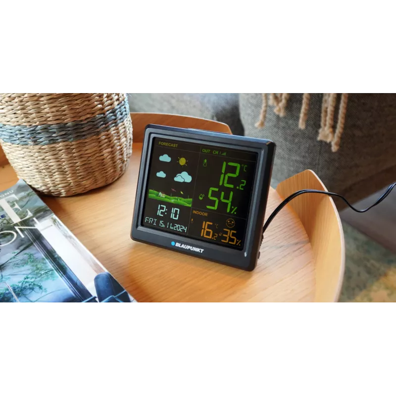 Sääasema BLAUPUNKT WS25BK — sisä- ja ulkolämpötilan sekä kosteuden näyttö, musta, 1 anturi, LCD-näyttö