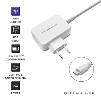 Virtalähde QOLTEC 51039 65W AC-to-DC 220–240V 20.3V/3.25A Type-C valkoinen, 1,7 m kaapeli