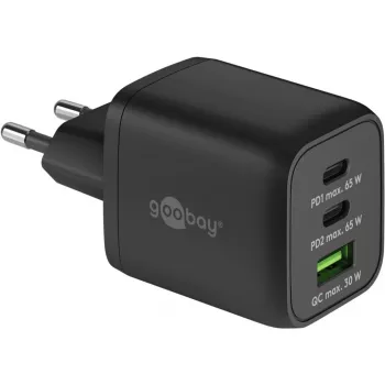 USB-C-pikalaturi Nano, PD, GaN, 65 wattia, USB-C punottu kaapeli (musta, 1x USB-A, 2x USB-C PD, Quick Charge 3.0, 1 metrin kaapeli)