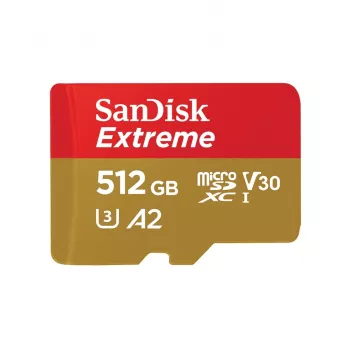 MicroSDHC-muistikortti SANDISK Extreme 512 GB UHS-I A1 V30 U3 Class 10, luku 190 MB/s, kirjoitus 130 MB/s, sis. SD-sovittimen