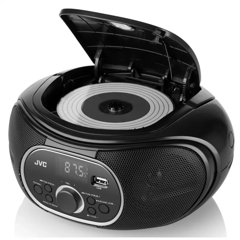 Kannettava CD-soitin JVC RD‑E221B — musta, CD/MP3, kasettidekki, USB-toisto, UKW-radio, AUX, paristo-/verkkovirta