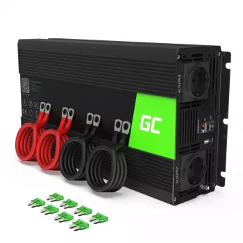 Vaihtosuuntaaja Green Cell INV15 3000W DC 12V AC 230V, USB-liitäntä, aktiivinen jäähdytys, musta