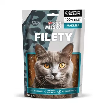 Märät kissanherkut Pan Miesko makrillifileet Adult 100 g — annoskalafileet, proteiini 25 %, kosteus 70 %