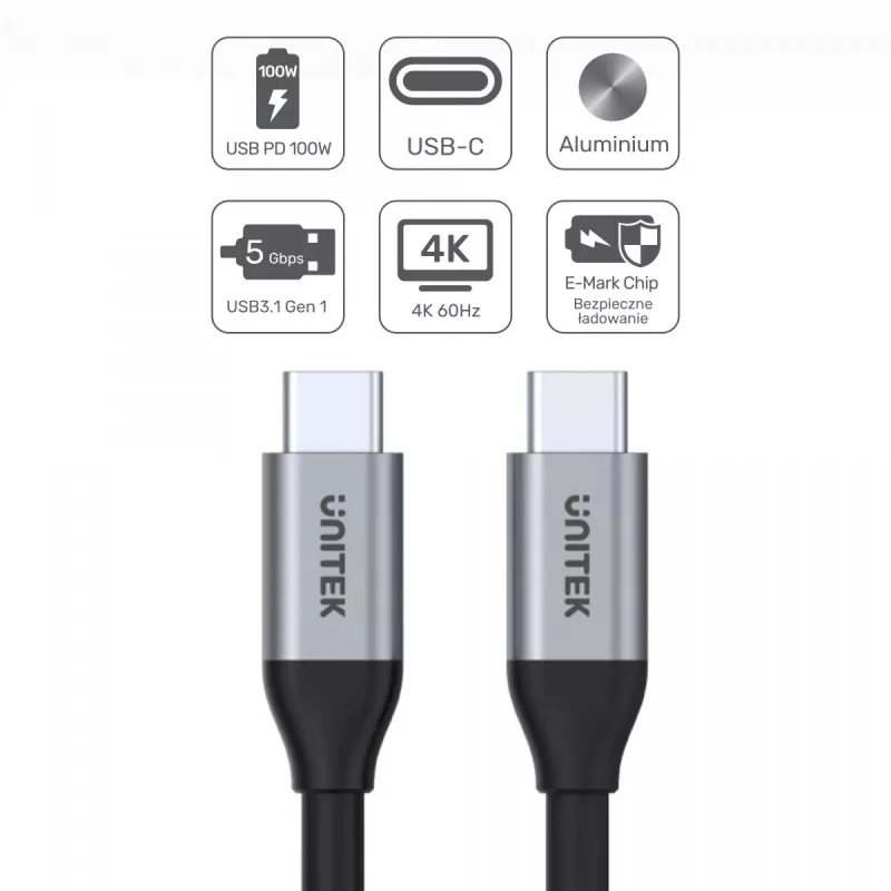 UNITEK C14091ABK USB-kaapeli USB 3.2 Gen 2 2m USB-C musta
