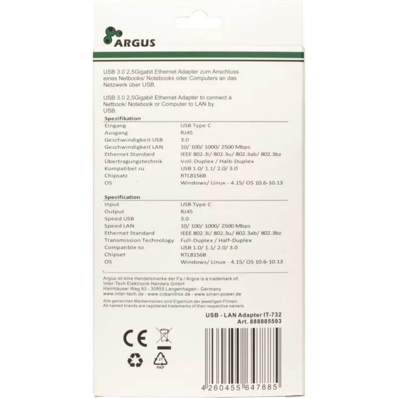 Ethernet-sovitin Inter-Tech IT-732 2500 Mbit/s USB Type-C johdollinen