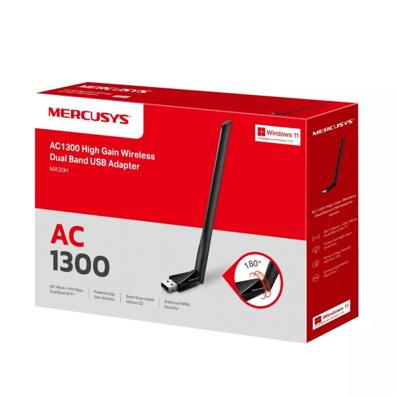 Mercusys MA30H AC1300 High Gain kaksikaistainen Wi-Fi USB -sovitin, musta