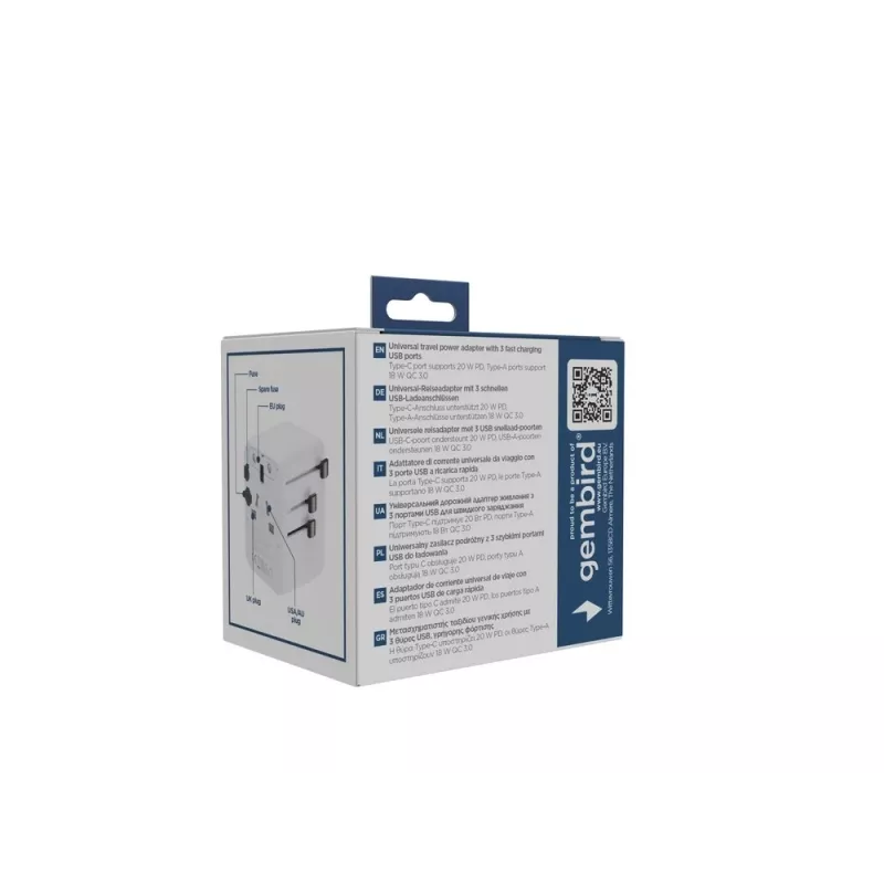 Matkavirtalähde GEMBIRD TPA-1A2C20-01-W — 20 W, USB-A (18 W) + 2× USB-C (20 W), pistoke tyyppi E, valkoinen