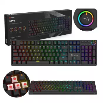 Mekaaninen pelinäppäimistö SAVIO STYX Outemu Red — Full-Size 104-näppäiminen USB-kaapelillinen, RGB, ANSI US International, 1,5 m, musta