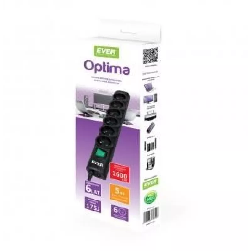 Ever Optima 5m musta 6 pistorasiaa 250 V