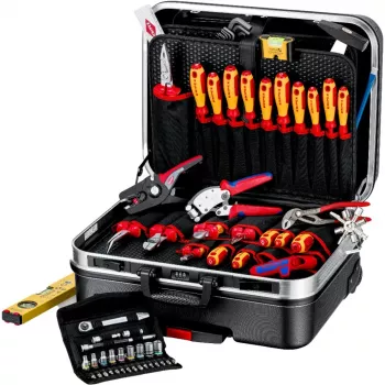Mekaanikon työkalusarja Knipex 00 21 06 — 68 työkalua, sisältää kärki- ja vesipumppupihdit, punaiset/keltaiset työkalut, musta laukku (515×438×265 mm)
