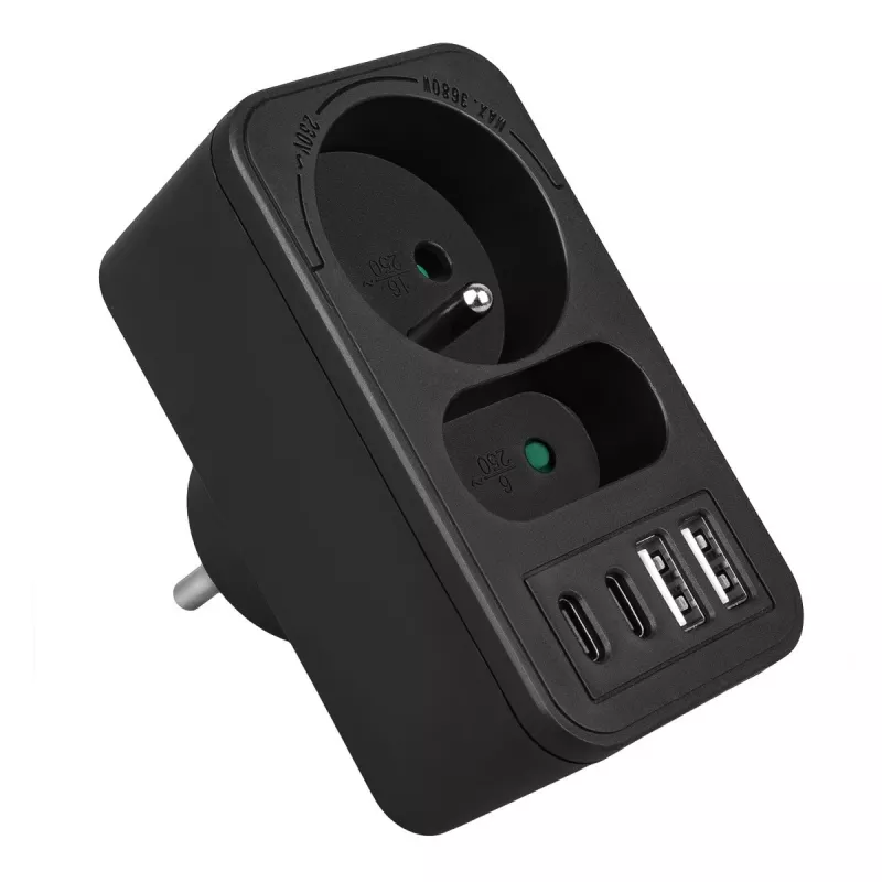 Virranjakaja MACLEAN MCE249 F/B – 2 AC-pistorasiaa (16A + 6A) ja 2×USB-A ja 2×USB-C PD 20W, EU-pistoke, musta