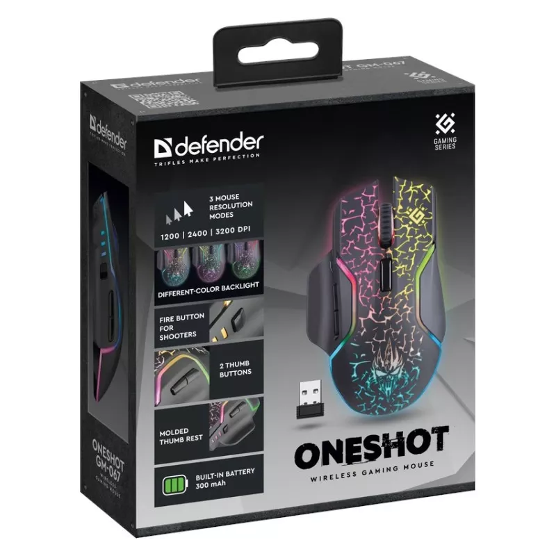 Defender Oneshot GM-067 hiiri pelikäyttöön oikeakätisille RF langaton + USB Type