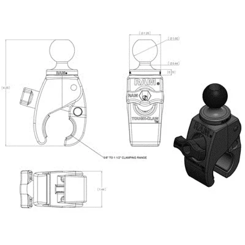 RAM Mounts RAP-B-400U Tough-Claw pieni puristinkiinnityspohja 1 tuuman (2,54 cm) pallolla, 0,625–1,14 tuuman kiskoille