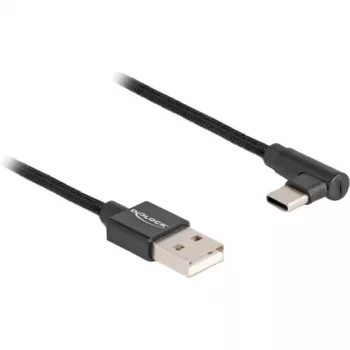 USB 2.0 -kaapeli, USB-A-uros > USB-C-uros (musta, 1 metri, päällystetty, 90° kulma)