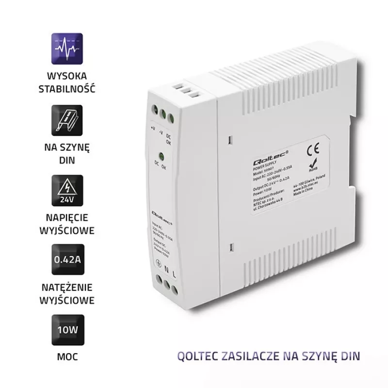 DIN-kiskovirtalähde 10W, 24V, 0,42A, ohut