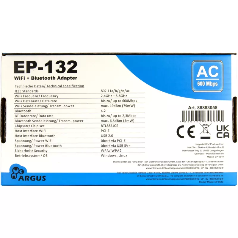 Langaton USB-verkkosovitin INTER-TECH Argus EP-132, USB 2.0, Wi-Fi 5 (jopa 600 Mbit/s)