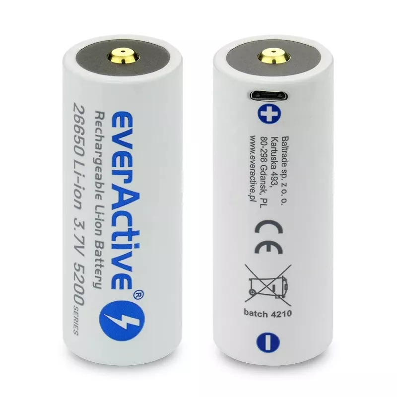 Ladattava akku everActive EV26650-52M 3,7V 5200mAh Micro-USB-lataustoiminnolla