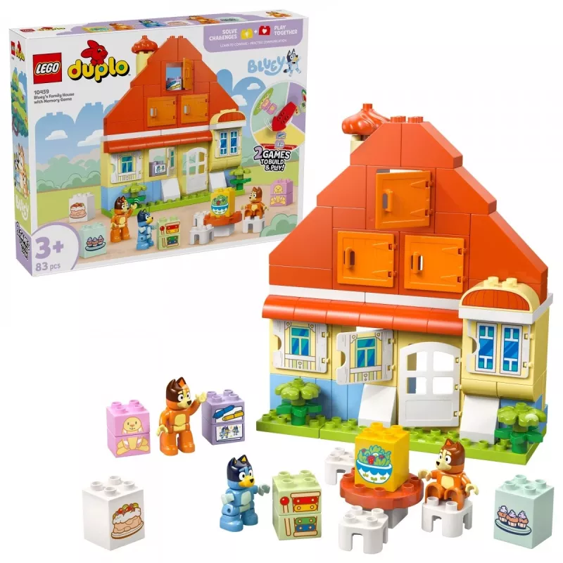 Rakennuslelu LEGO Bluey perhetalo muistipelillä 10459 — 83 osaa, 3 minihahmoa, ikä 3+