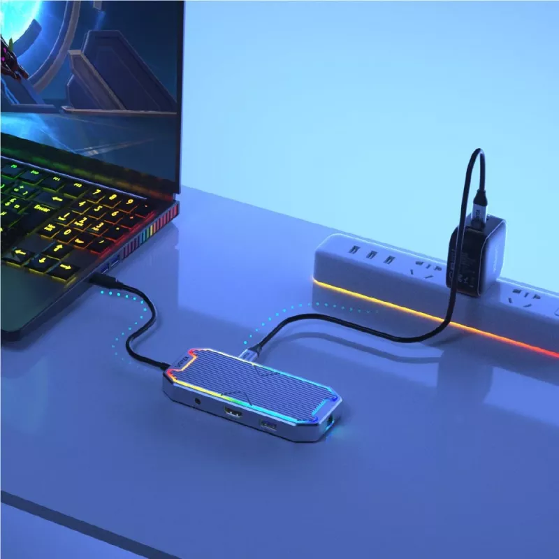 Unitek uHUB S7+ D1029A USB-C-keskitin, USB 3.2 Gen 2 10 Gbps, HDMI 2.0, Gigabit RJ45, 3,5 mm:n äänipistoke, 100 W, harmaa