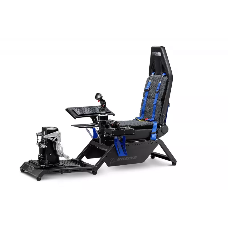 Next Level Racing Boeing Commercial Edition lentosimulaattorin ohjaamo, siniset korostukset