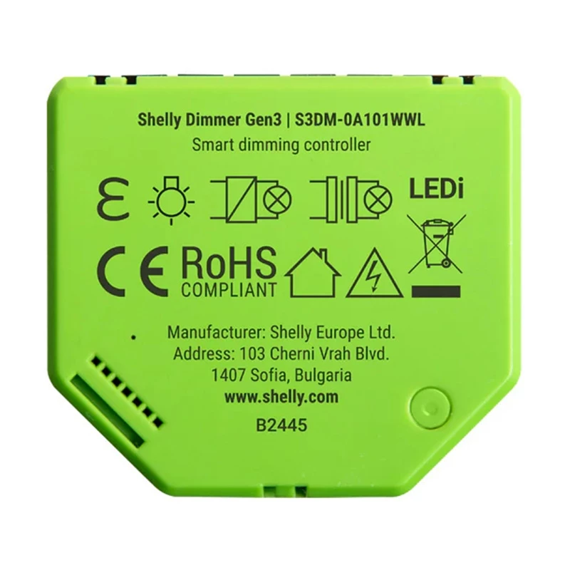 Upotettava himmennin Shelly Dimmer Gen3 — LED max. 150W, halogeeni max. 200W, 220–240V, langaton, musta/lime