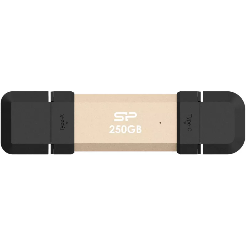 Silicon Power DS72 250 Gt kannettava SSD-tikku, USB 3.2 Gen 2, USB-A/USB-C, kulta