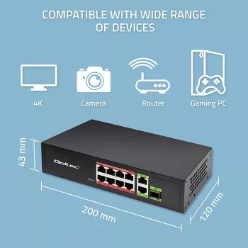Ethernet-kytkin QOLTEC 52297 PoE RJ45 PoE-uplinkilla ja SFP-portilla