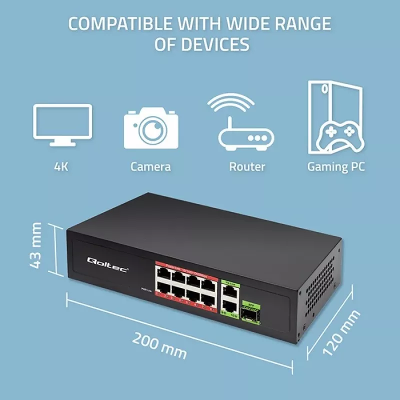 Ethernet-kytkin QOLTEC 52297 PoE RJ45 PoE-uplinkilla ja SFP-portilla