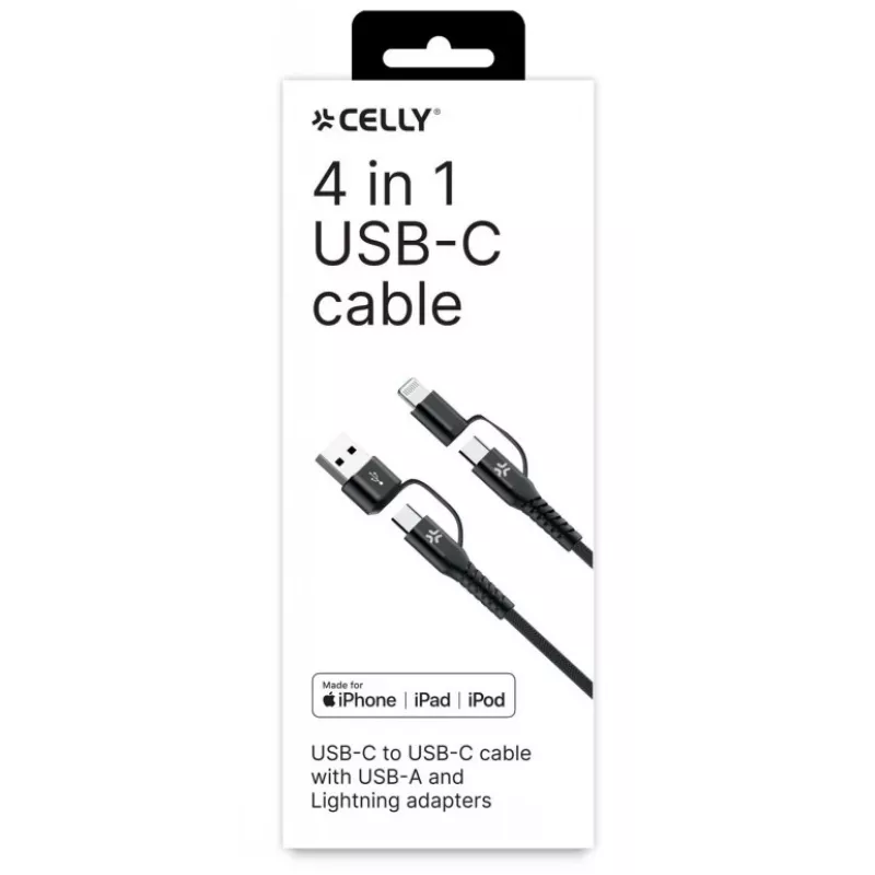 Celly 4-IN-1-kaapeli A+C–C+LIGHT 2M BK