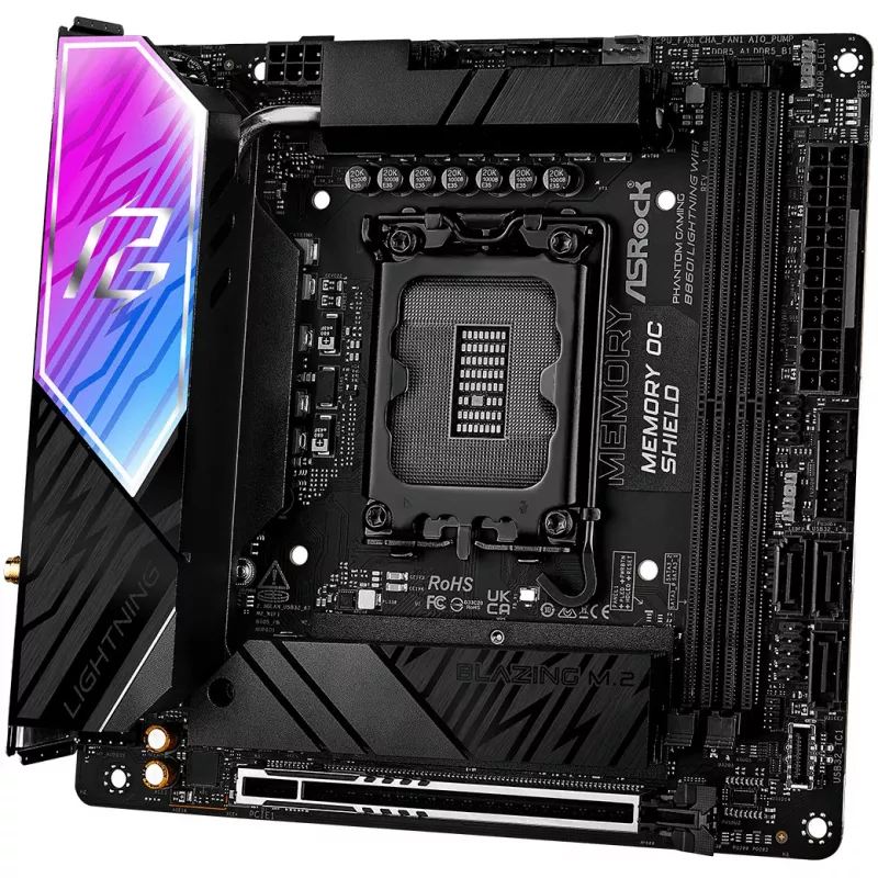 Emolevy ASROCK B860I Lightning WiFi — Intel B860, LGA 1851, Mini-ITX, DDR5, 2x DIMM, 4x M.2, 2.5Gb LAN, Wi‑Fi 6E, Bluetooth 5.3