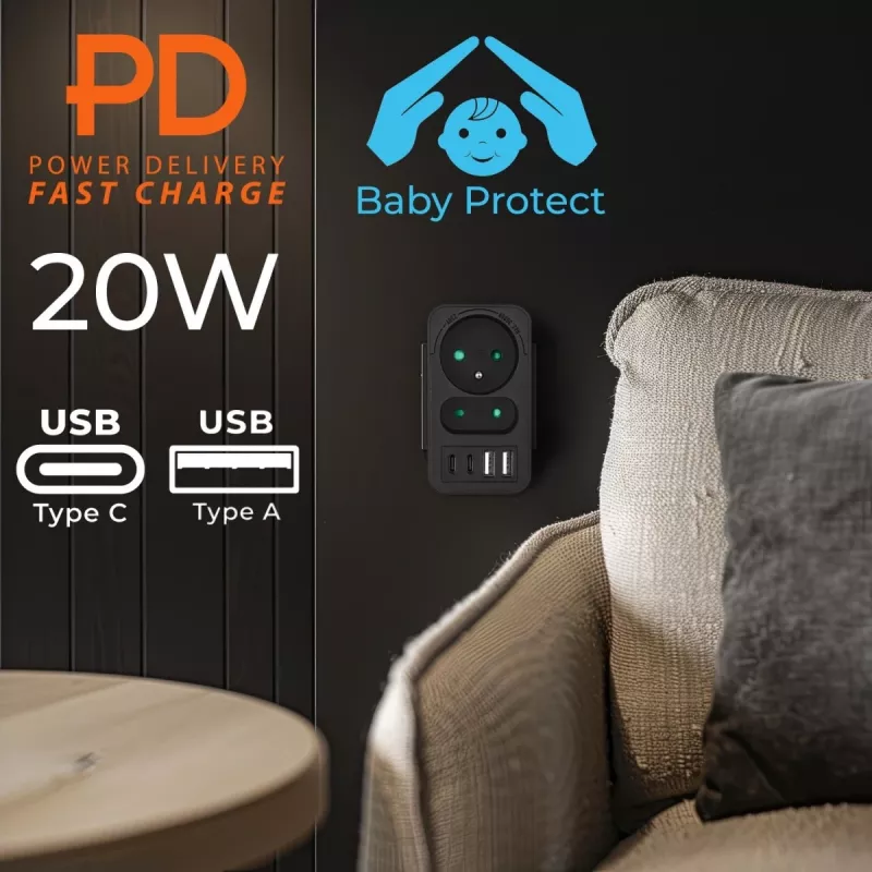 Virranjakaja MACLEAN MCE249 F/B – 2 AC-pistorasiaa (16A + 6A) ja 2×USB-A ja 2×USB-C PD 20W, EU-pistoke, musta