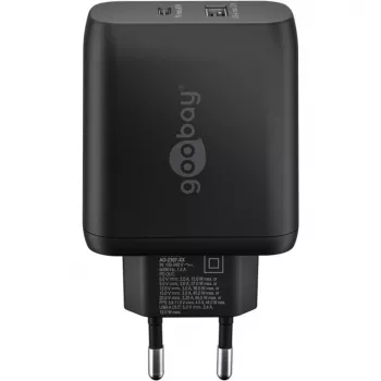 USB-C-pikalaturi, PD, GaN, 65 W (musta, 1x USB-C, 1x USB-A, Power Delivery)
