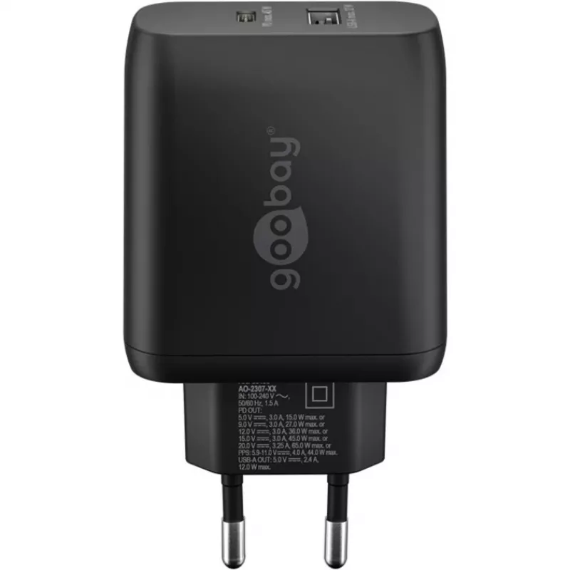 USB-C-pikalaturi, PD, GaN, 65 W (musta, 1x USB-C, 1x USB-A, Power Delivery)