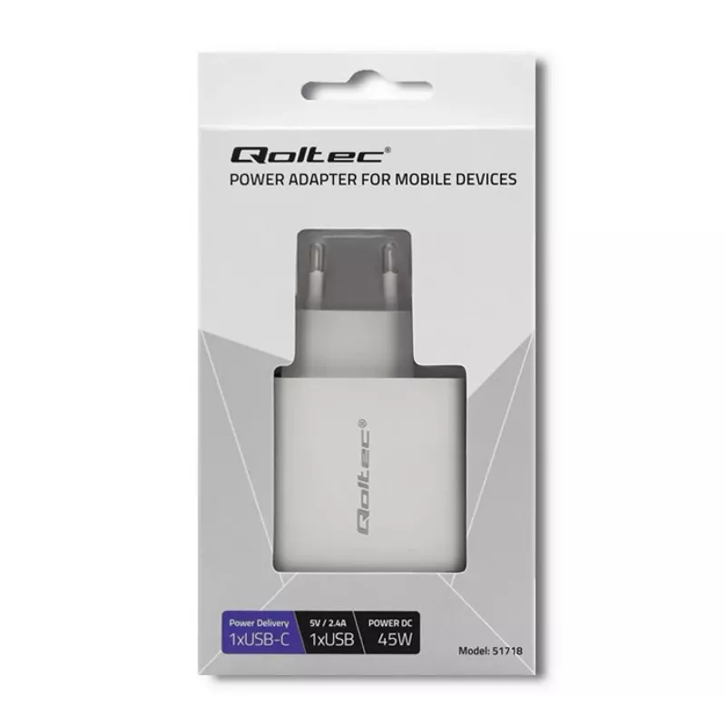 Qoltec 51718 laturi | 45W | 5-20V | 2,4-3A | USB Type-C PD | USB | valkoinen