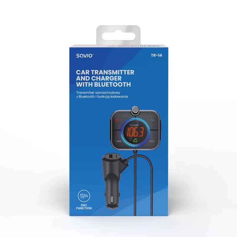 FM-lähetin SAVIO TR-14 Bluetooth USB, FM 87,6–107,9 MHz, MicroSD, USB-C, 12 V autovirtalähde