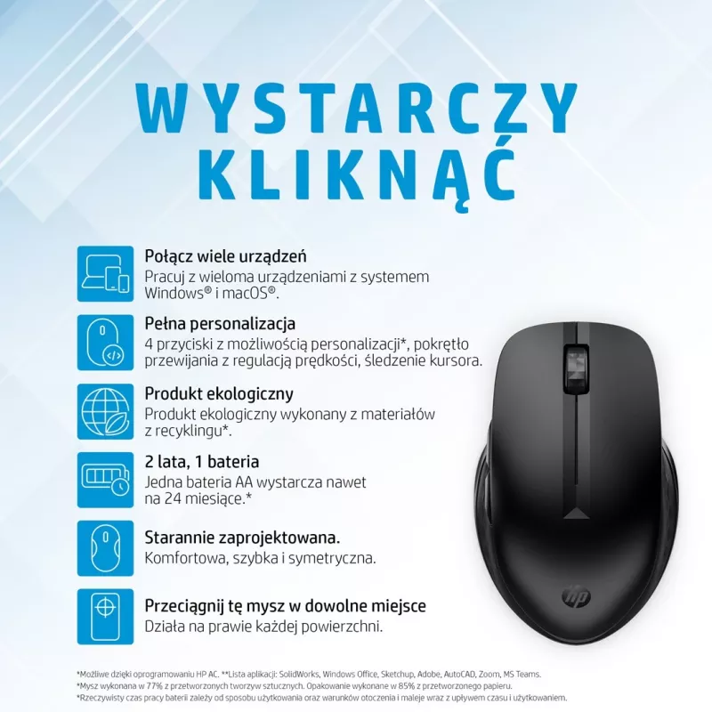 HP 435 monilaitteinen langaton hiiri, molempikätinen, RF Wireless + Bluetooth, 4000 DPI, musta